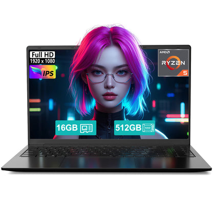 15.6 Student-Laptop, AMD Ryzen 5 (Beat i5-1135G7), 16GB RAM 512GB SSD, Radeon Vega 8 Graphics 1080P Display, 65W Fast Charging, USB3 & Type-C, 2.0MP Camera,Win 11 Notebook for Business Study Daily Use
