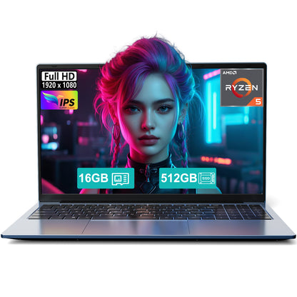 15.6 Student-Laptop, AMD Ryzen 5 (Beat i5-1135G7), 16GB RAM 512GB SSD, Radeon Vega 8 Graphics 1080P Display, 65W Fast Charging, USB3 & Type-C, 2.0MP Camera,Win 11 Notebook for Business Study Daily Use
